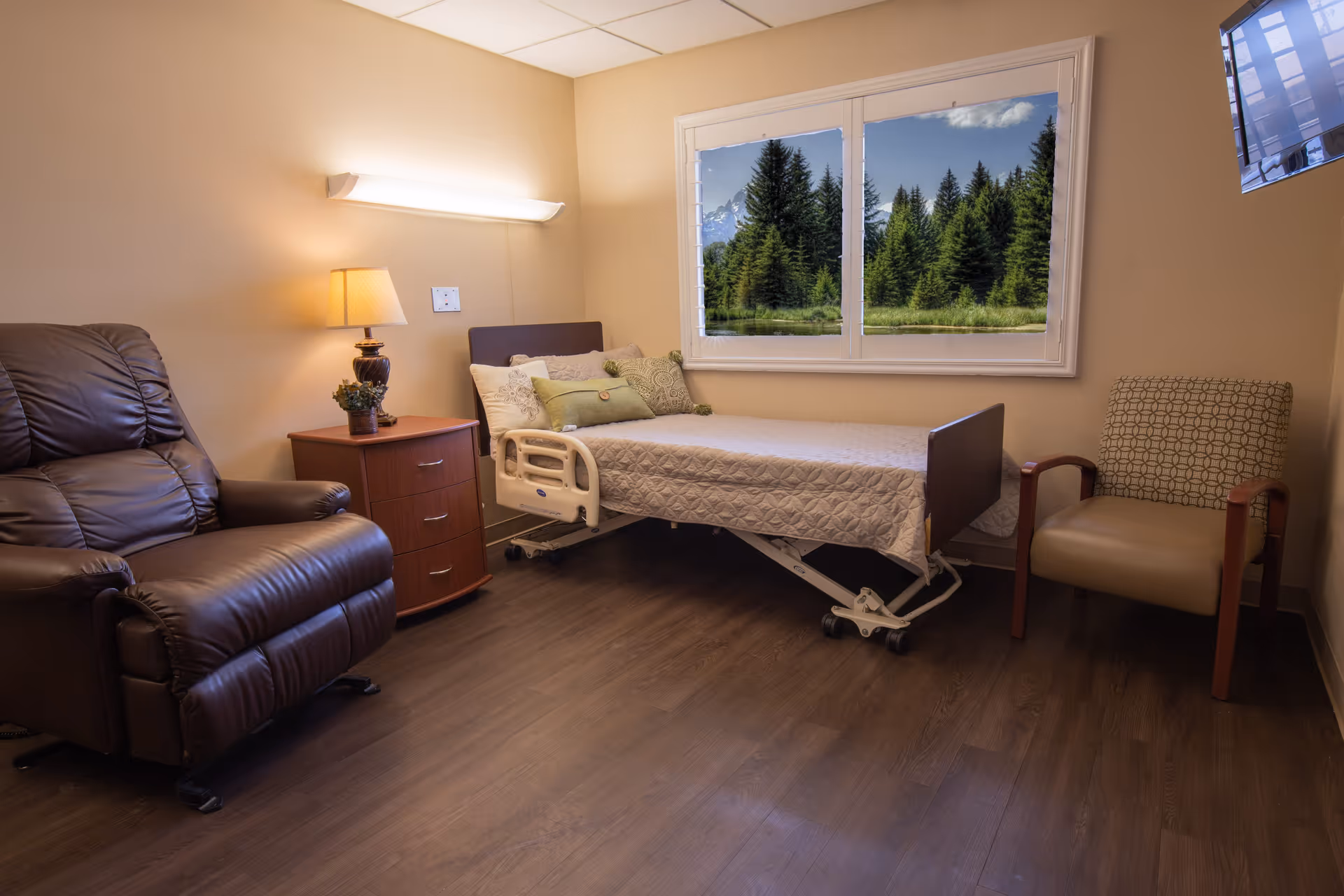 A cozy senior living bedroom with a hospital-style bed covered in a quilt, a brown leather recliner, a wooden nightstand with a lamp and plant, a patterned armchair, and a window showing a scenic view of pine trees and mountains.