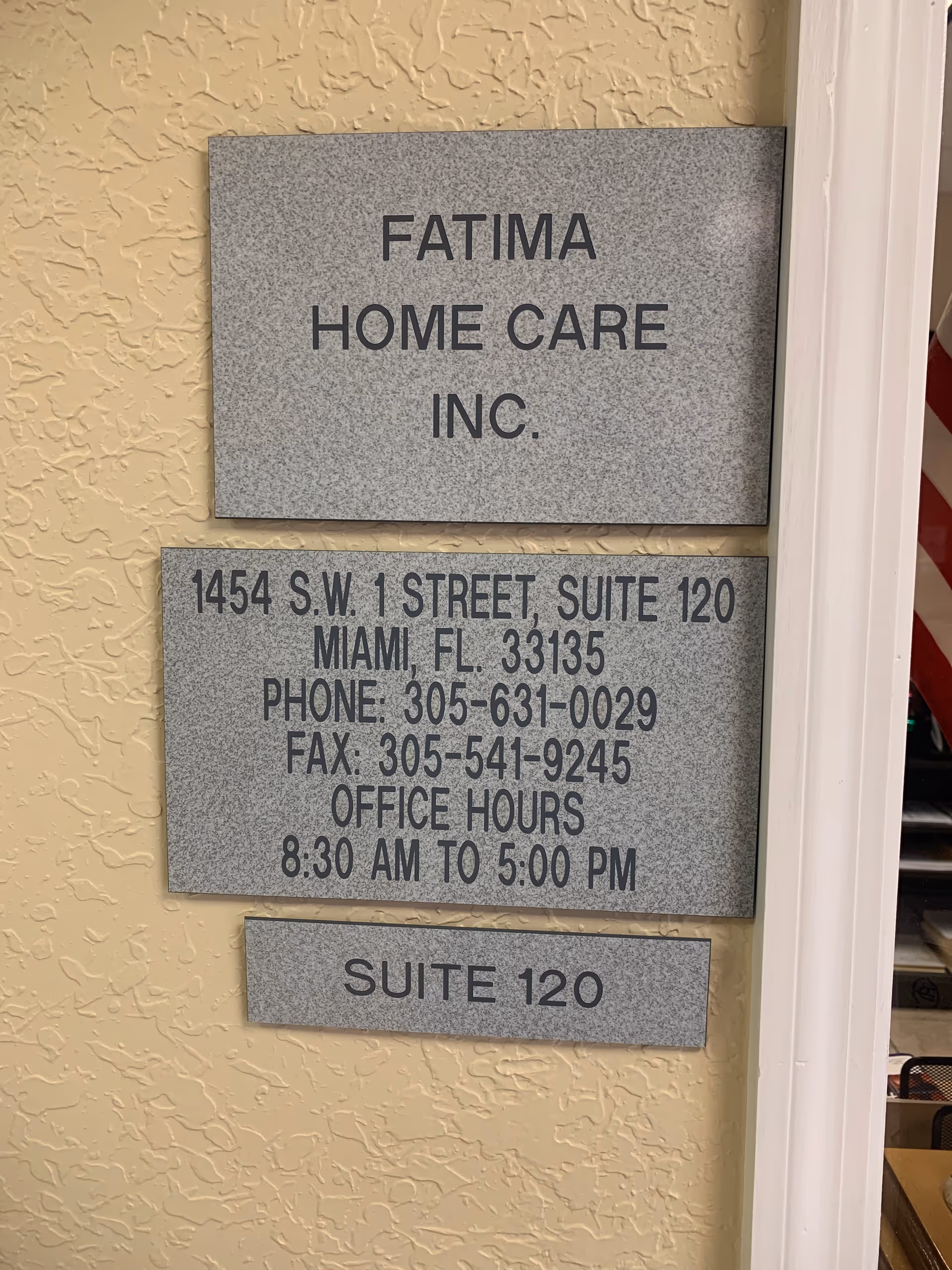 Exterior wall shows Fatima Home Care Inc signage with address and contact details.