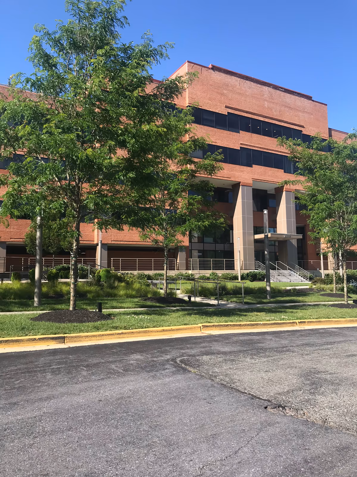 Brick senior living facility exterior with glass entrance, trees, and a paved street