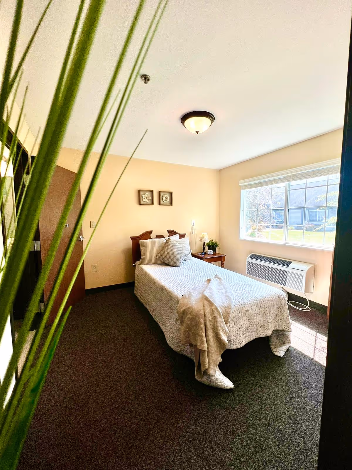 A small, neatly arranged bedroom with a single bed covered in a white quilt and pillows. A beige blanket is draped over the foot of the bed. There is a wooden nightstand next to the bed with a lamp, a small plant, and a clock. A large window with white blinds allows natural light to fill the room. The walls are painted a soft beige color, and two framed floral artworks hang above the bed. A green plant is partially visible in the foreground.