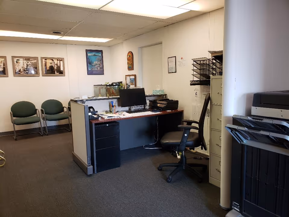 Office reception area with desk, computer, filing cabinets, and a printer.