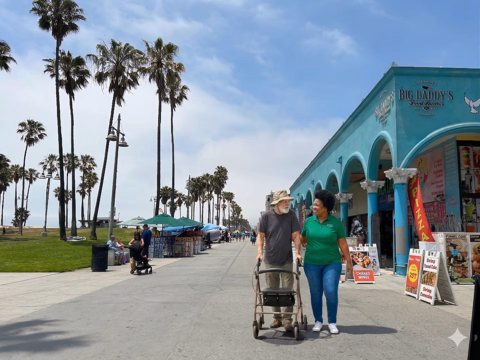 Sunlit outdoor boardwalk with tall palm trees, a turquoise arched storefront, and pedestrians.