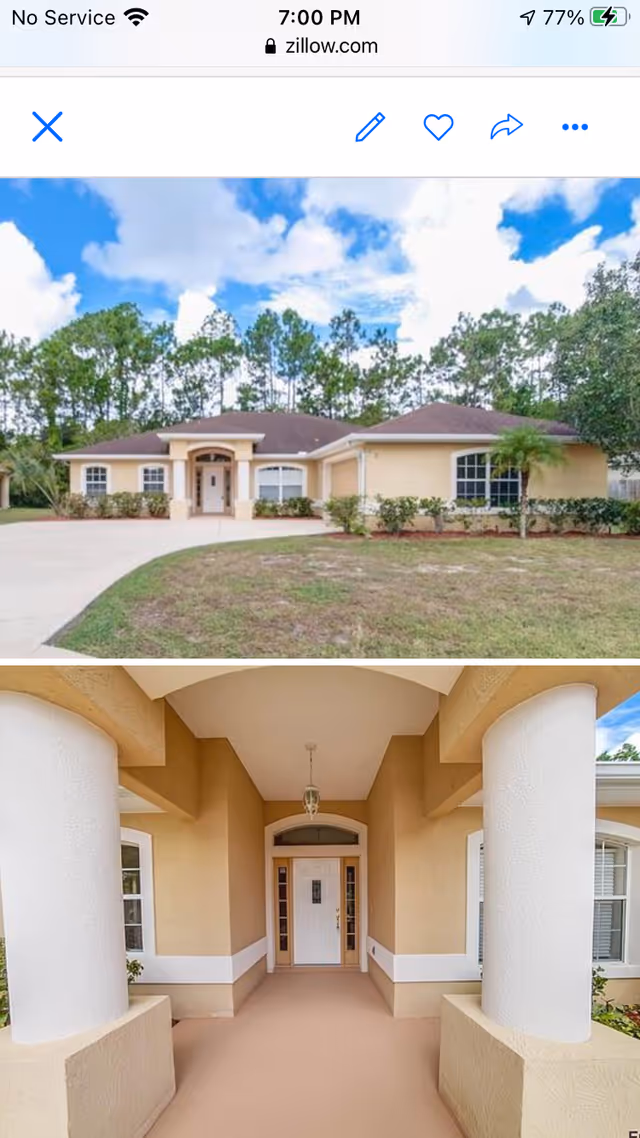 Two views of a tan, single-story senior living facility: front exterior and entry porch.