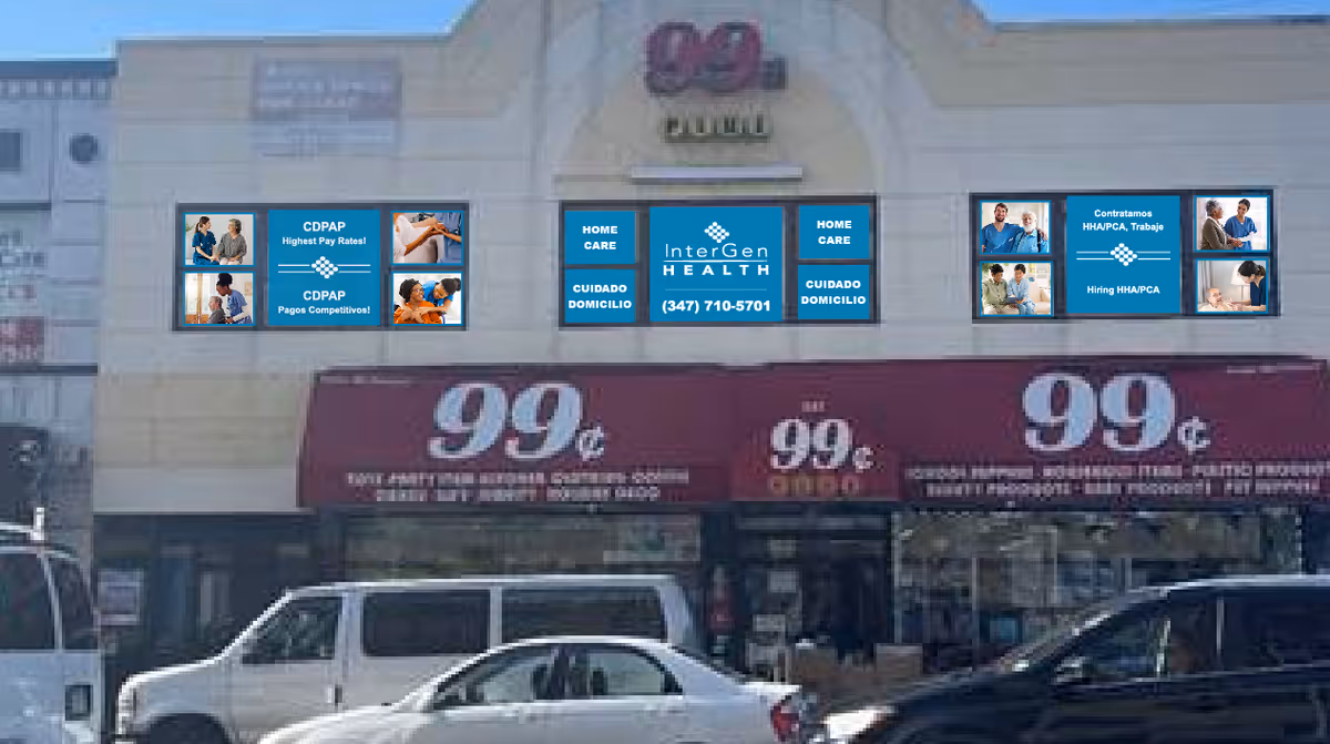 Exterior view of InterGen Health storefront with blue signs and parked cars.