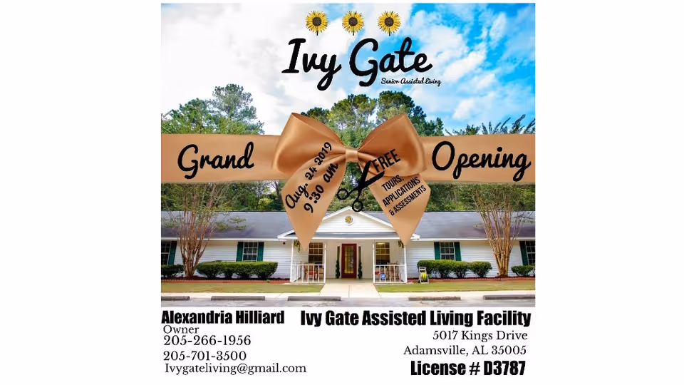 Front exterior view of Ivy Gate Senior Assisted Living facility with a large brown ribbon announcing the grand opening on August 24, 2019 at 9:30 am offering free tours, applications, and assessments. The building is a single-story white structure with a central entrance, surrounded by trees and bushes under a partly cloudy blue sky.