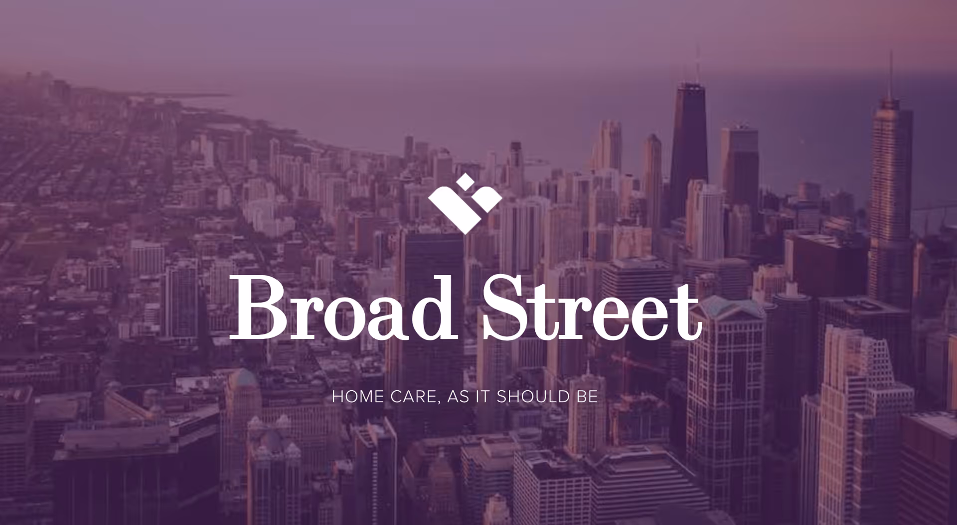 Purple-tinted city skyline with Broad Street logo and tagline overlay.