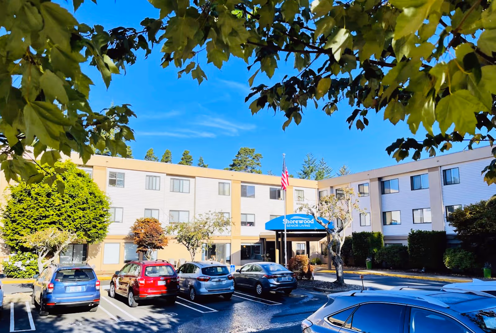 Exterior view of Shorewood Senior Living facility with a three-story building, several parked cars in front, trees with green leaves framing the image, and a clear blue sky overhead.