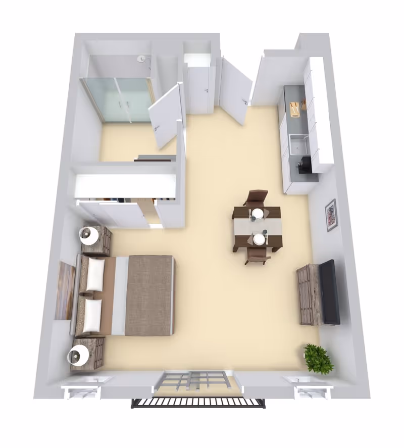 Top-down 3D floor plan of a studio apartment showing a bed with nightstands, a bathroom with shower, a kitchenette, a dining table, TV stand and a small balcony.