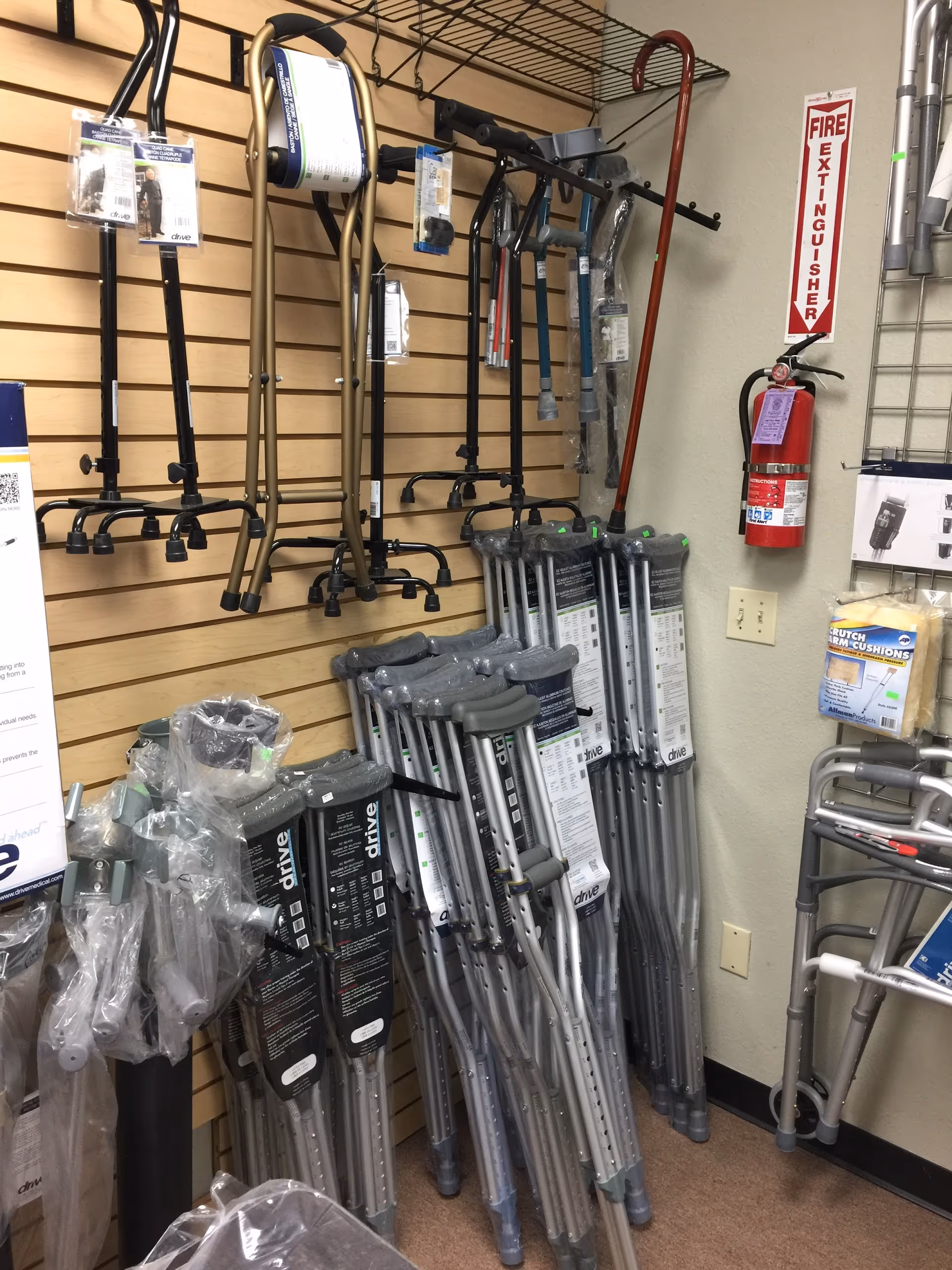 Interior of a medical supply store displaying walkers and crutches.