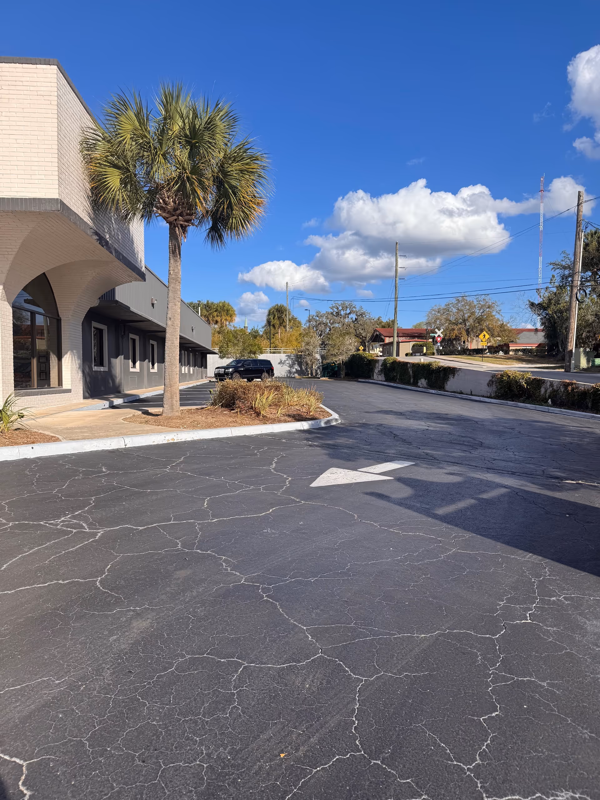 Exterior view of a building with a parking lot, palm trees, and blue sky.