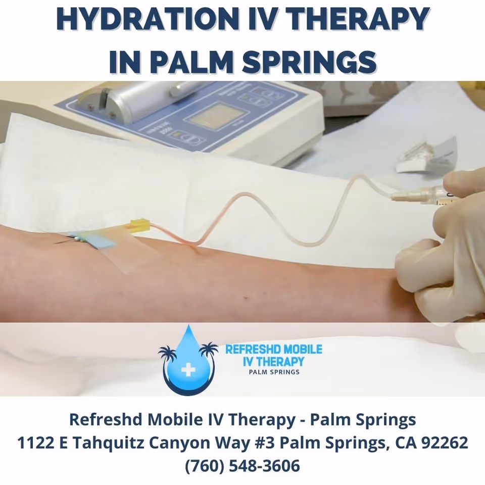 Arm with IV line receiving hydration therapy, medical pump visible, facility branding at bottom
