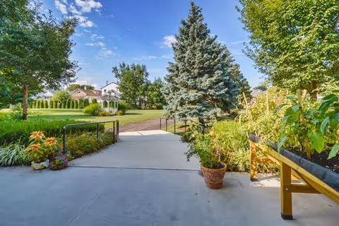 Sunny outdoor pathway with trees, plants, and a distant building at Winter Haven Health and Rehabilitation.