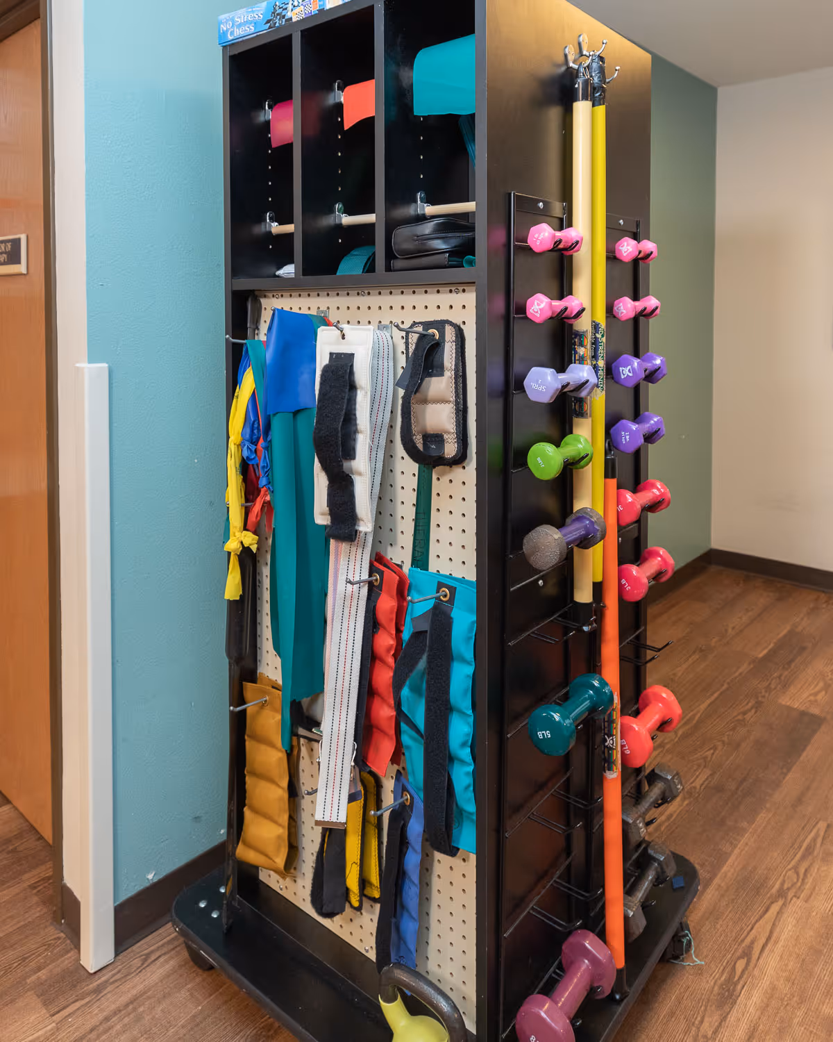 A black storage rack holding various colorful exercise equipment including dumbbells, resistance bands, weighted sticks, and ankle weights in a room with wooden flooring and light-colored walls.