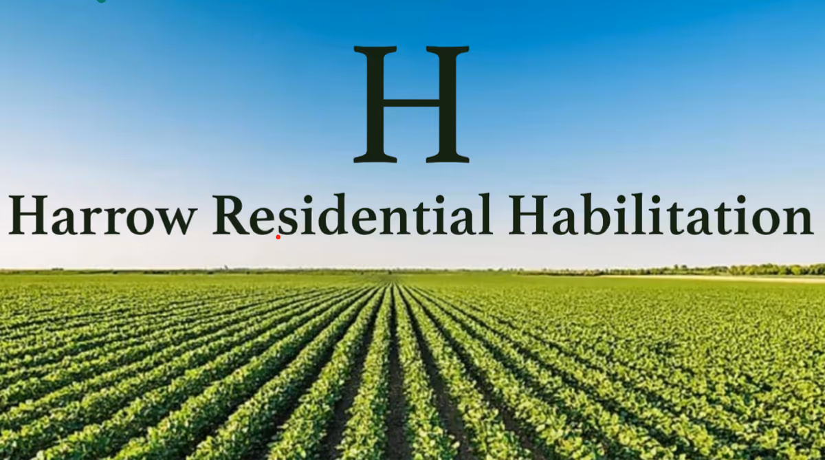 Wide green field under blue sky with large Harrow Residential Habilitation text.