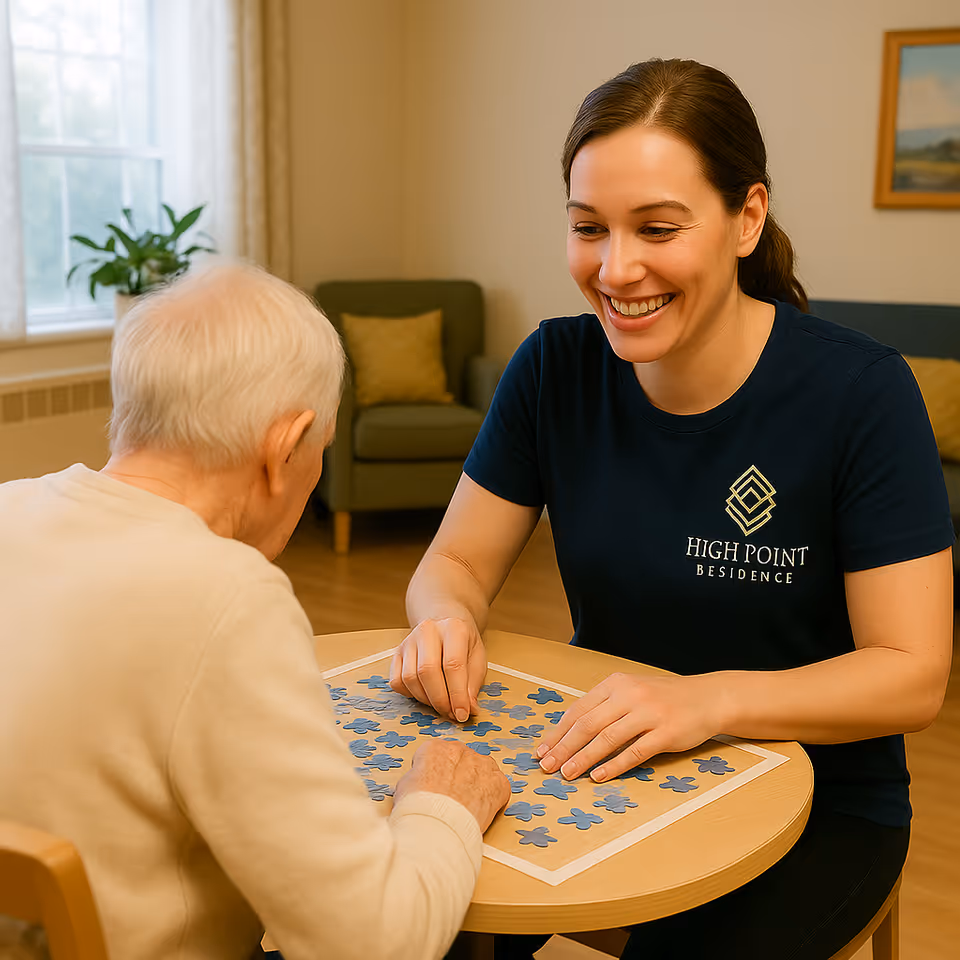A young woman wearing a navy blue High Point Residence t-shirt is smiling and helping an elderly person with white hair assemble a blue floral puzzle on a round wooden table in a cozy room with a green armchair and a window with curtains.
