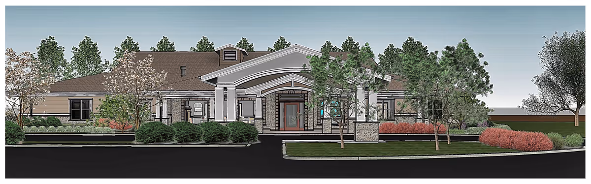 Illustrated exterior of BeeHive Homes of Collierville with landscaped entrance