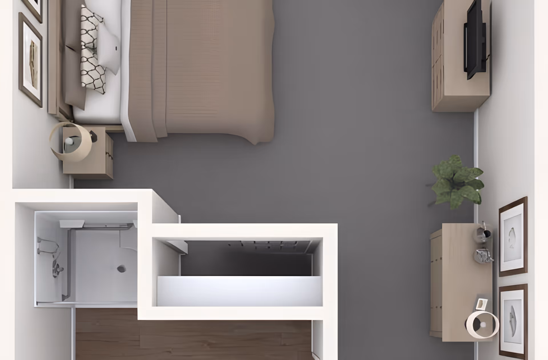 Top-down view of a bedroom with a bed, nightstand with a lamp, dresser with a TV, a plant, and framed pictures on the wall. There is an attached bathroom with a shower visible in the corner.