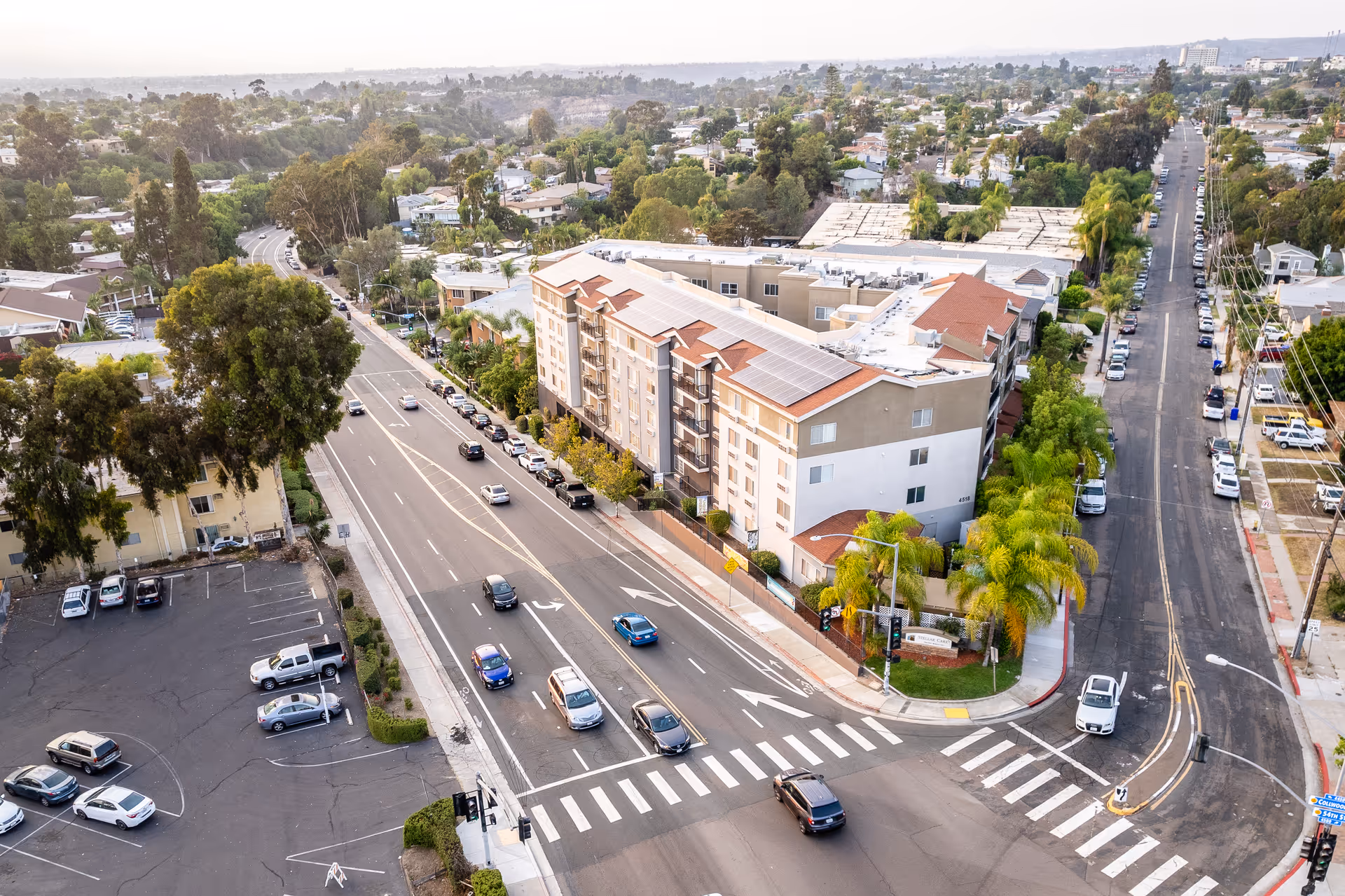Aerial view of Stellar Care facility with busy streets and surrounding residential neighborhood