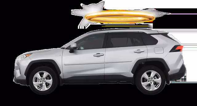 White SUV with a large gold ring above it on a black background.