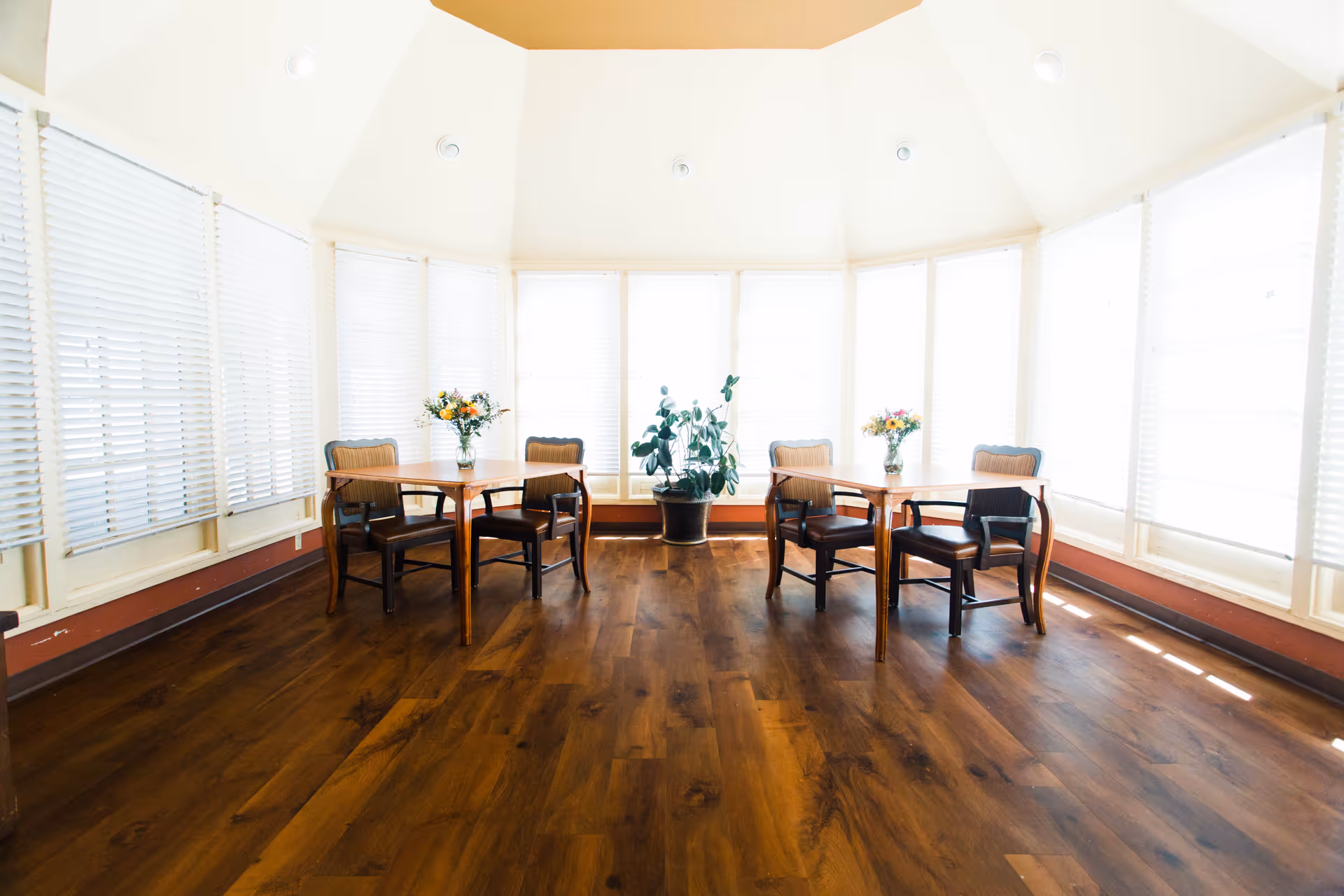 A bright room with large windows covered by white blinds, featuring two wooden tables each surrounded by four wooden chairs with dark cushions. Each table has a vase with flowers, and a potted plant is placed between the tables near the windows. The floor is wooden with a warm tone.