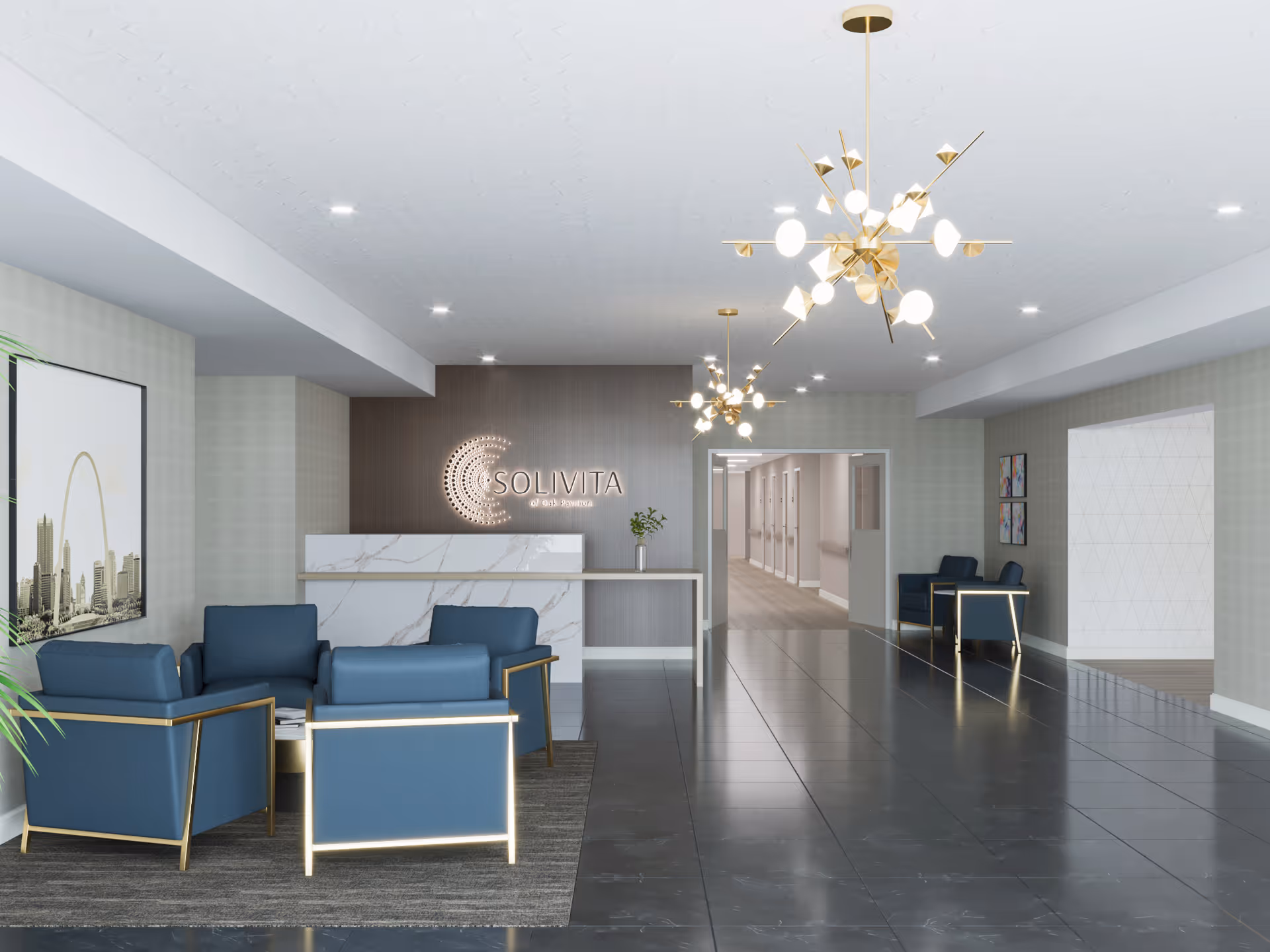 Modern senior-living lobby with blue seating, reception desk, and a chandelier.