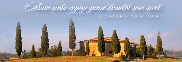 Banner shows a Tuscan villa with tall cypress trees on a hill.