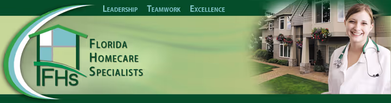 Banner showing Florida Home Care Specialists logo with a smiling nurse beside an exterior building.