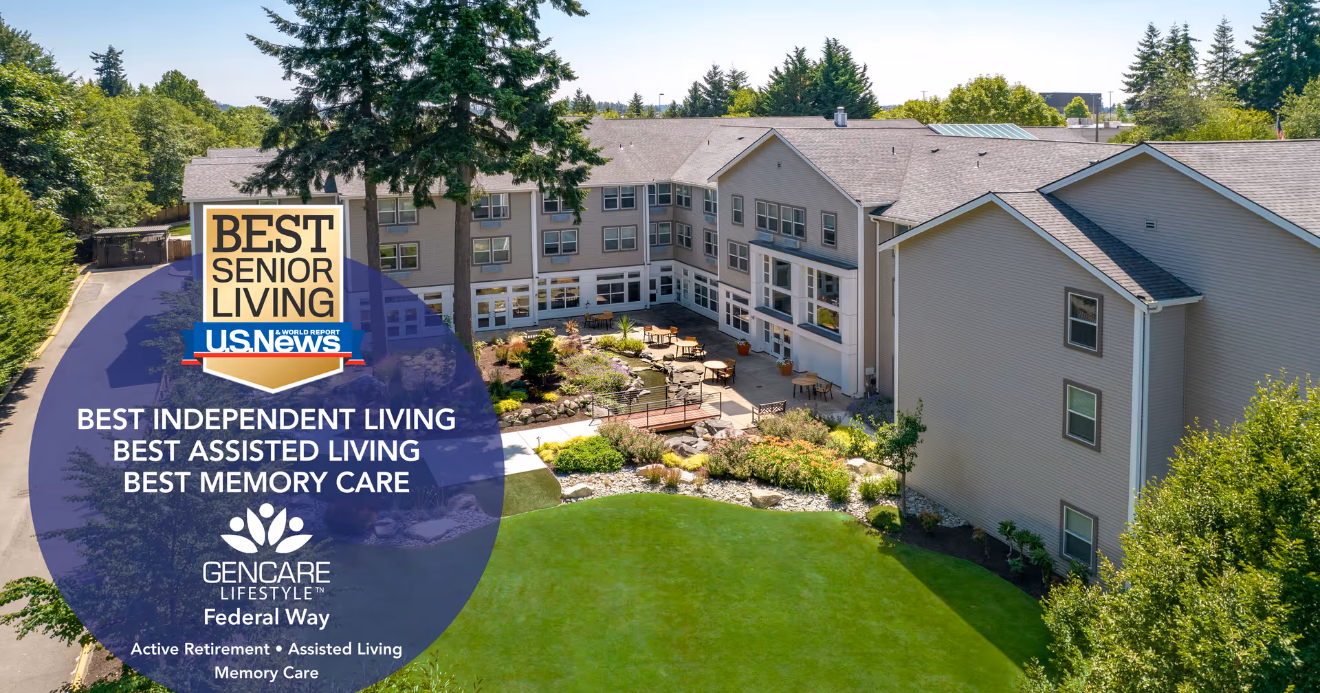 Aerial view of GenCare Lifestyle Federal Way senior living facility showing a multi-story building with a landscaped courtyard featuring outdoor seating, greenery, and a well-maintained lawn surrounded by trees.