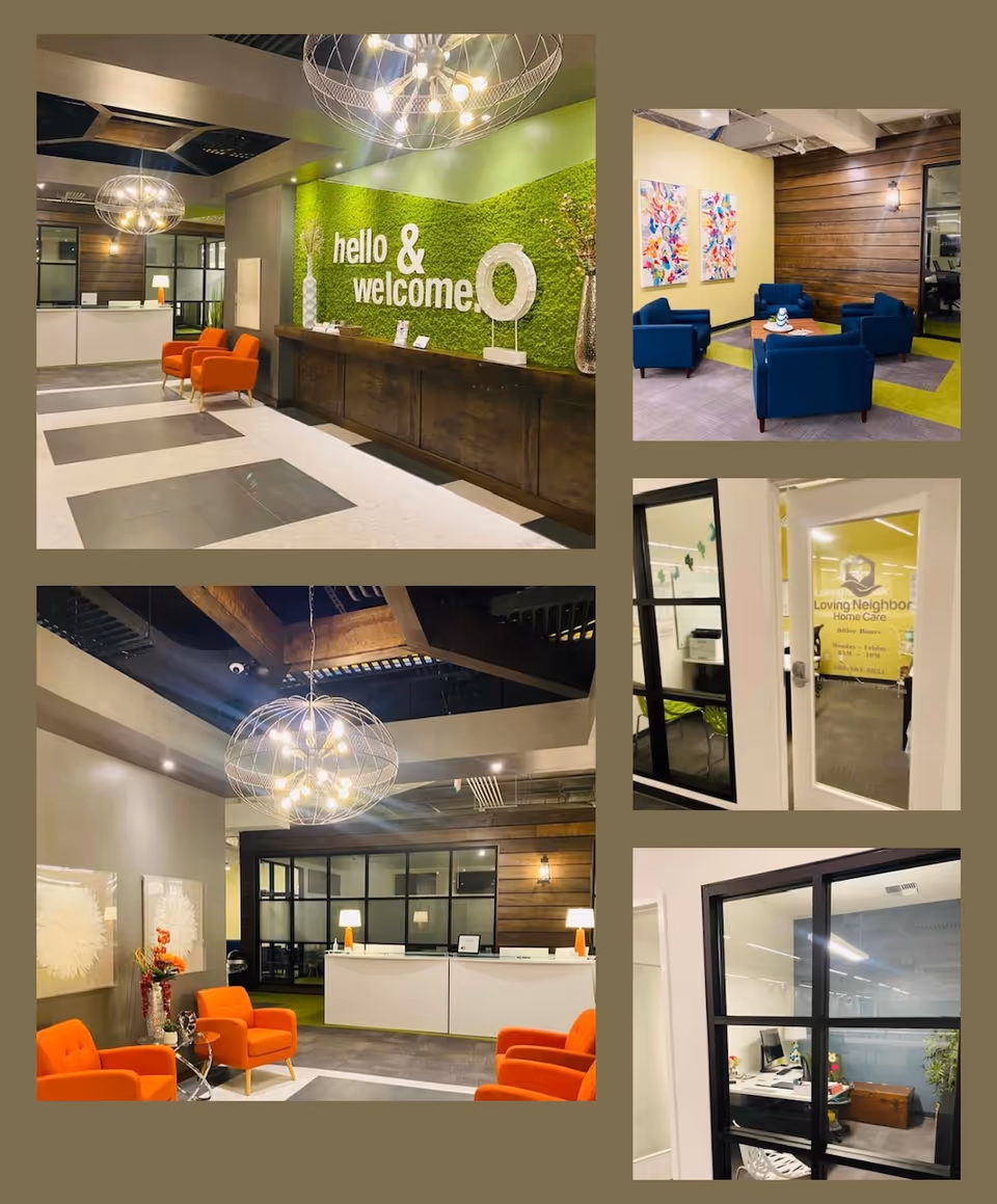 Modern lobby with a reception desk, green wall, and orange and blue seating.