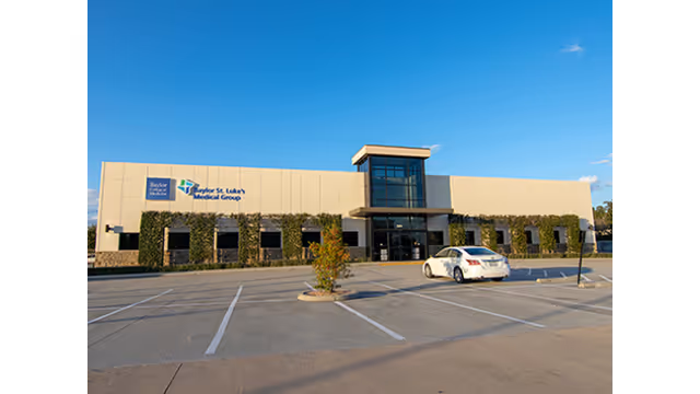 Front exterior of a Baylor St. Luke's Medical Group clinic with a parking lot.