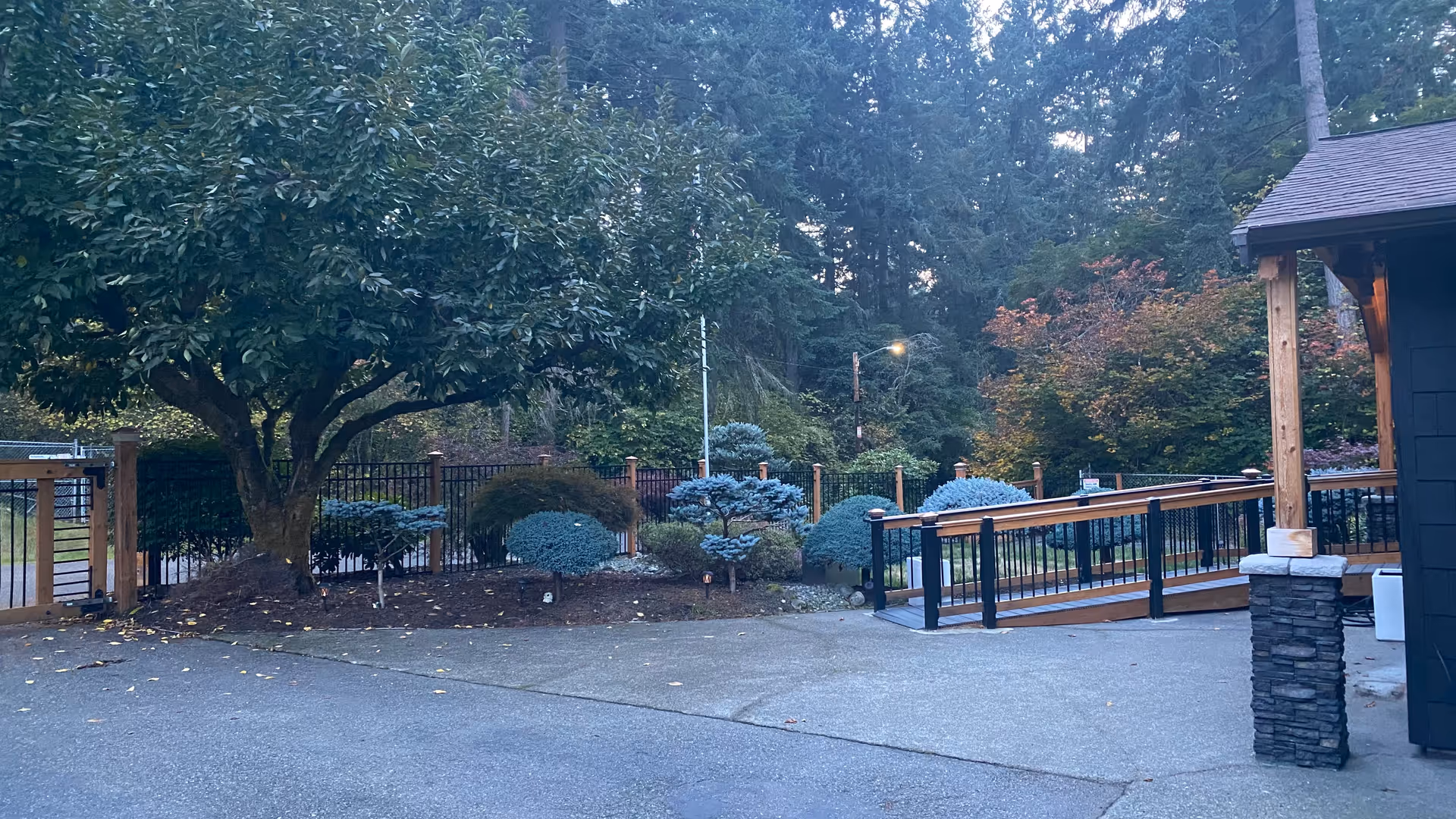 Outdoor facility area with wooden deck, railing, trees, and landscaped shrubs beside a building.