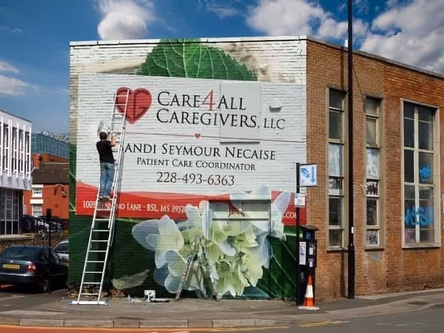 Worker on a ladder painting the Care4All mural on a brick exterior.
