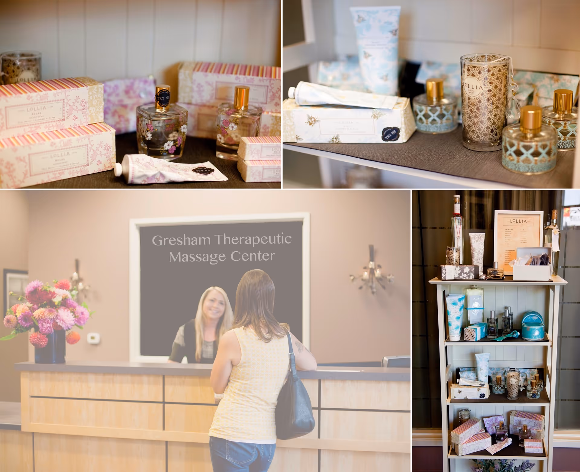 Interior of Gresham Therapeutic Massage Center with a reception desk and product displays.