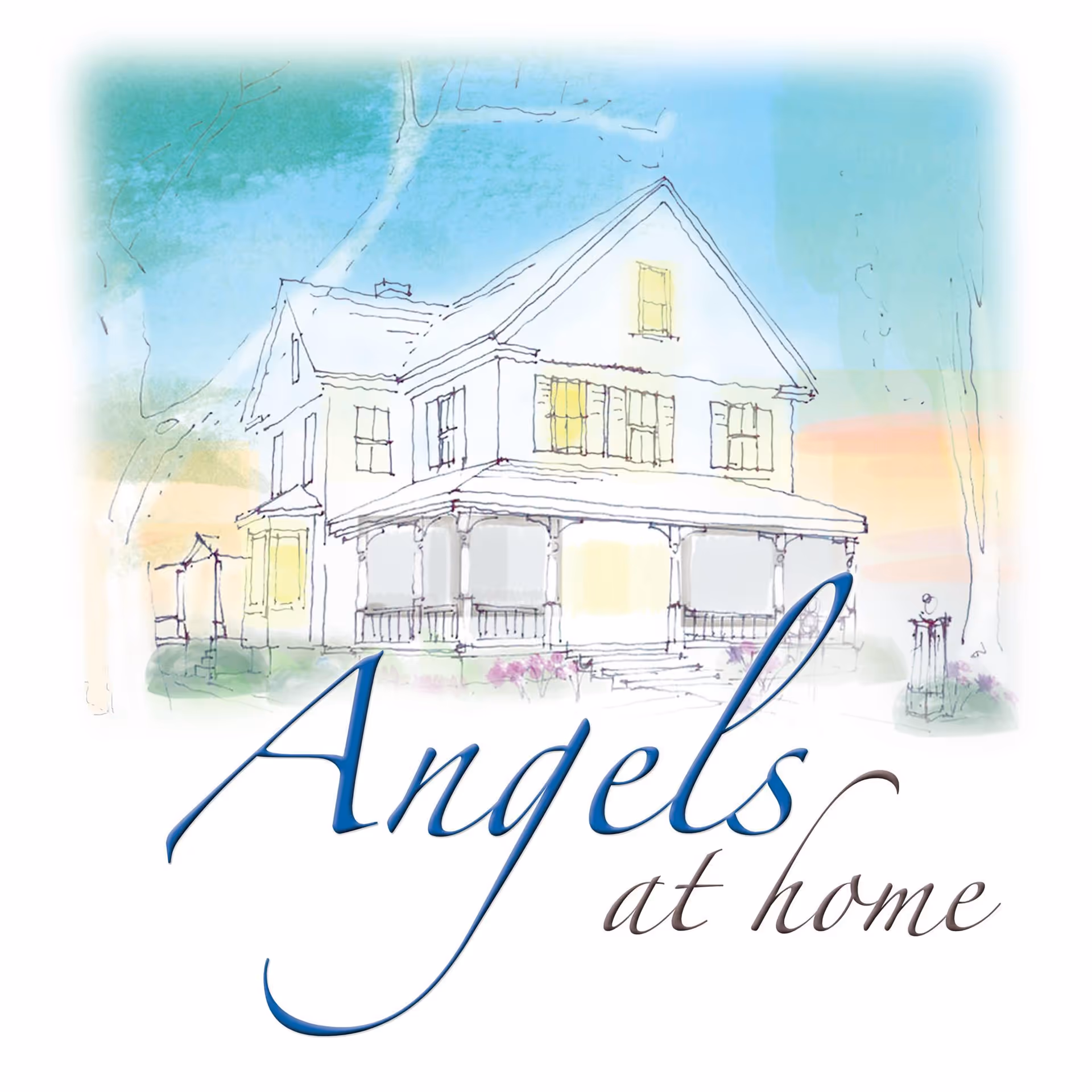 Illustrated two-story building exterior with a large front porch and 'Angels at home' script.