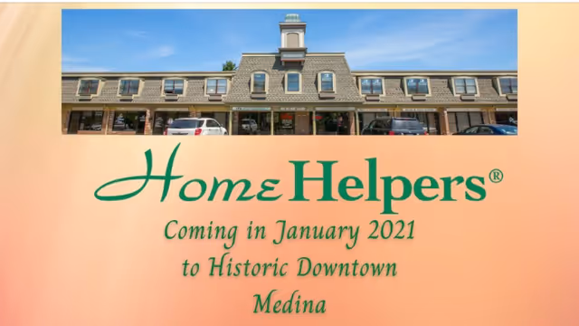 Exterior view of a building with Home Helpers sign announcing January 2021 Medina opening.