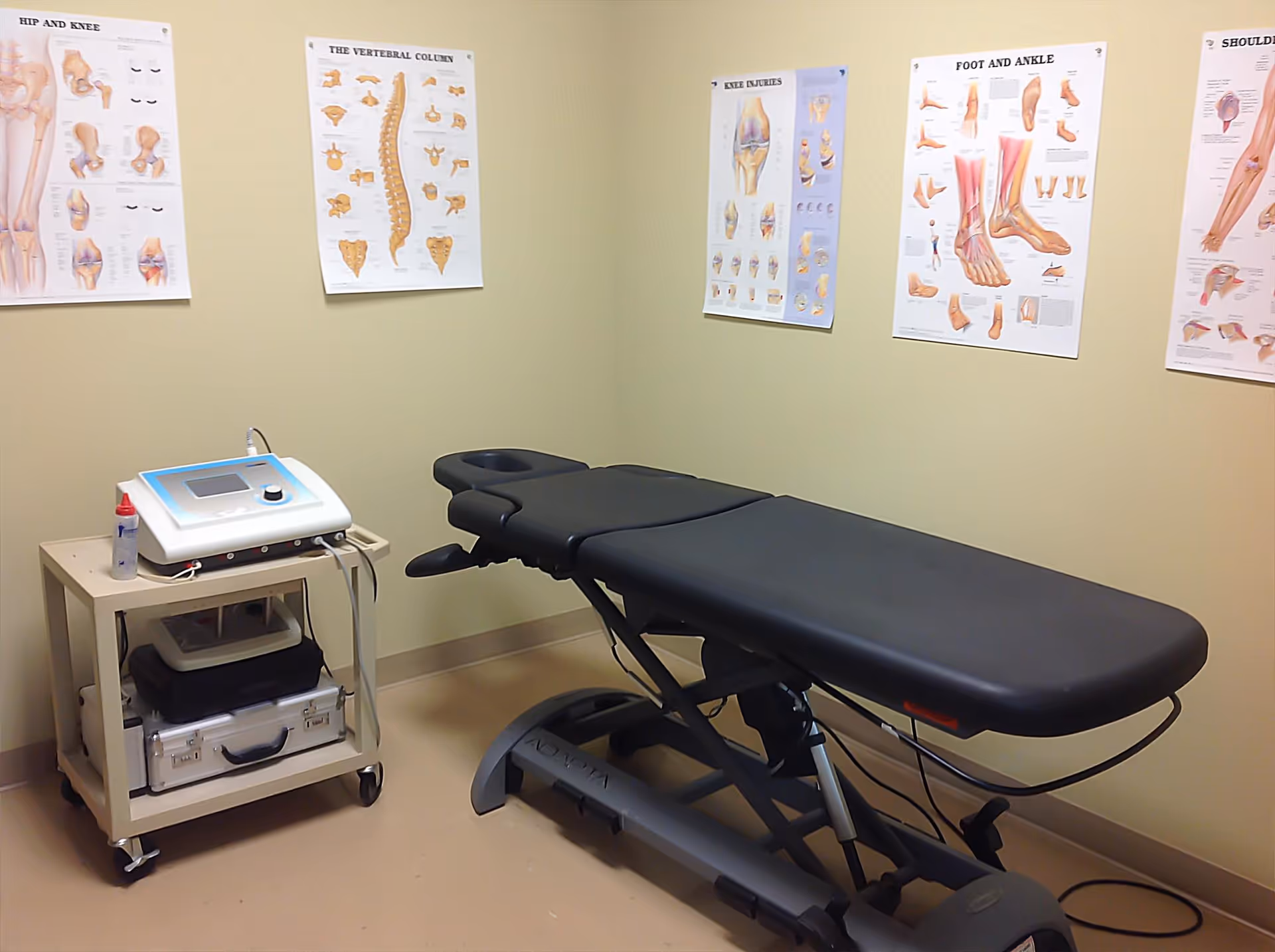 An exam room with a treatment table, medical posters, and a rolling cart.