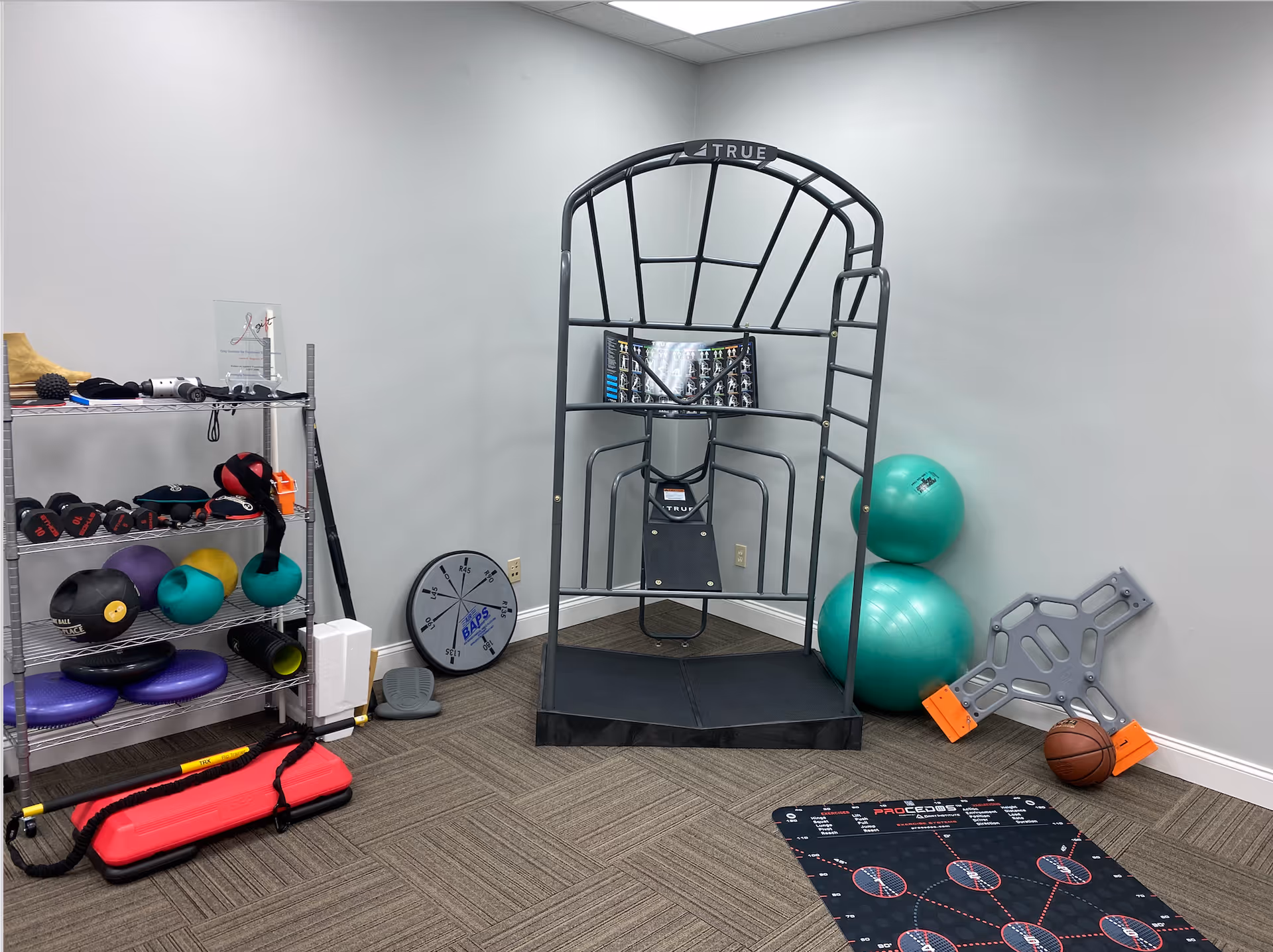 Interior rehab gym with exercise equipment, stability balls, mats, and a large frame machine.