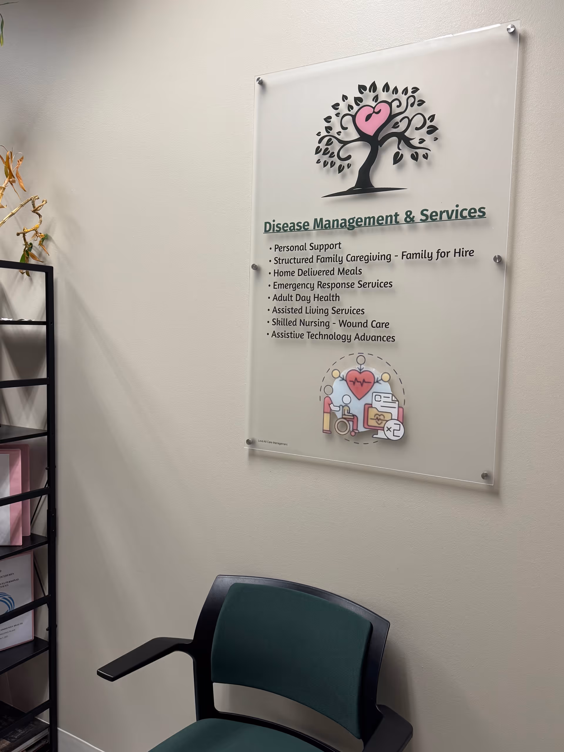 Interior hallway with a wall plaque listing disease management services beside a green chair.
