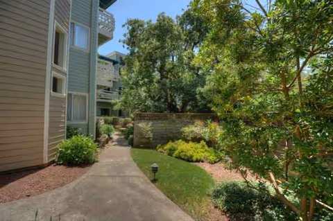 Pathway along the exterior of Palo Alto Commons with trees and landscaped shrubbery.