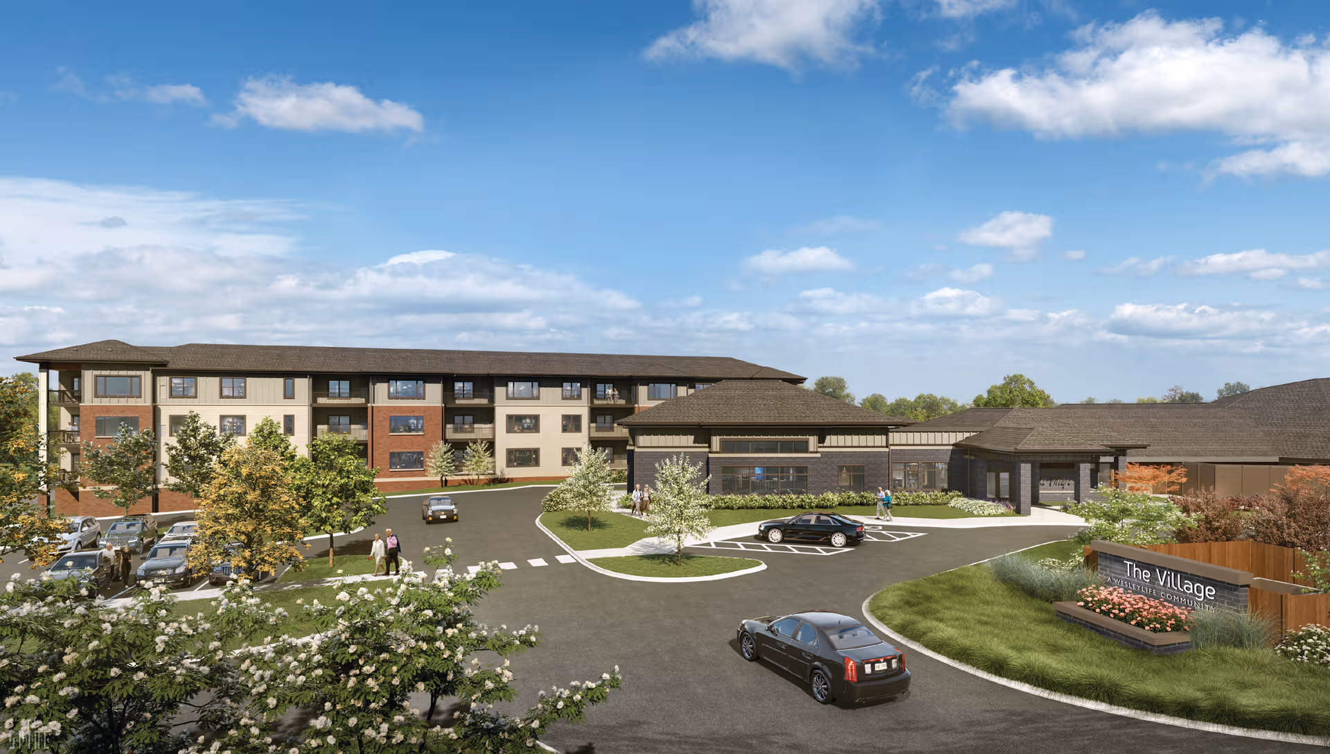 Exterior view of The Village senior living facility with parked cars and landscaped entry path.