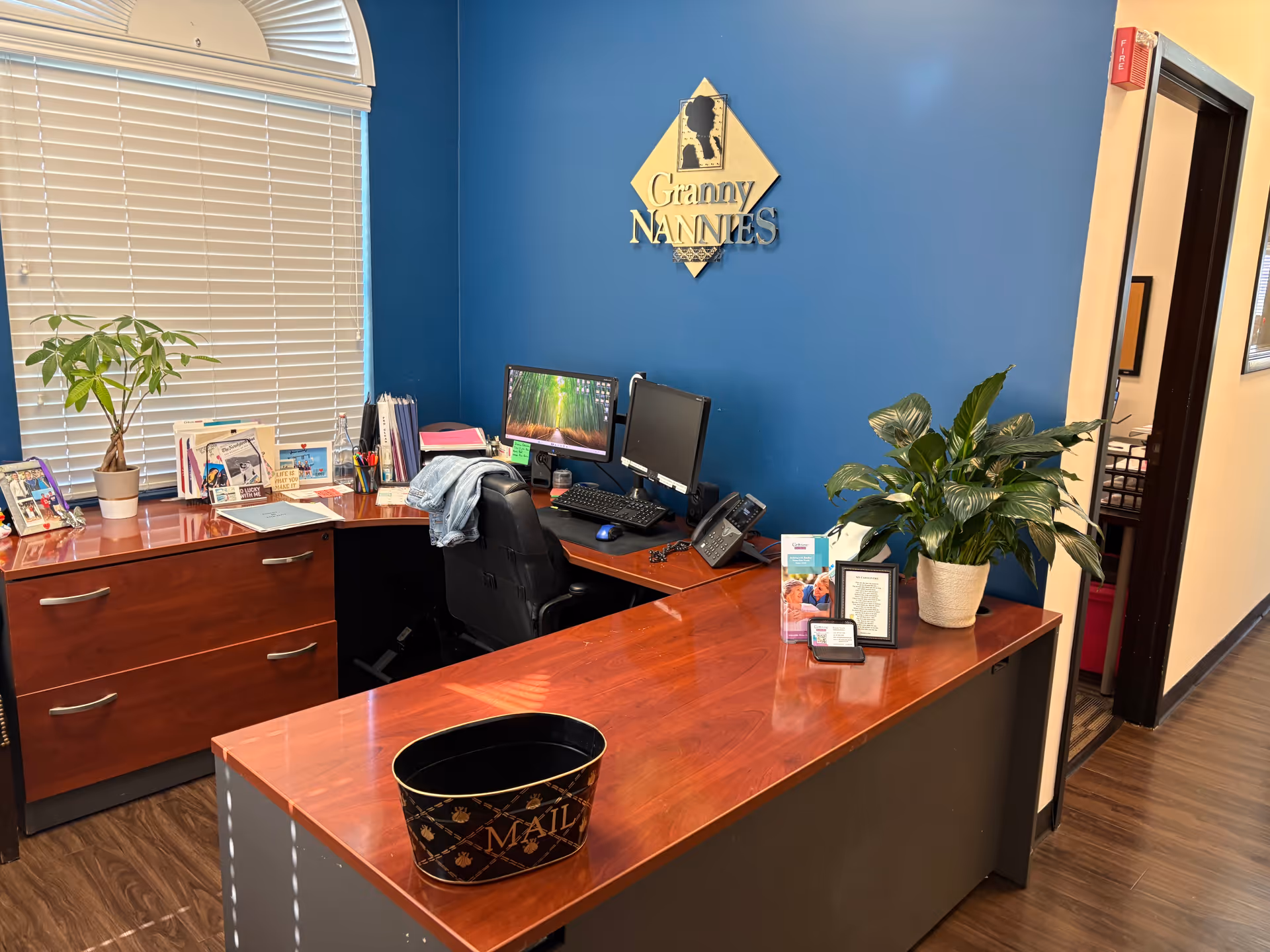 Office reception area with wooden desk, computers, plants, and a Granny NANNIES sign on blue wall.
