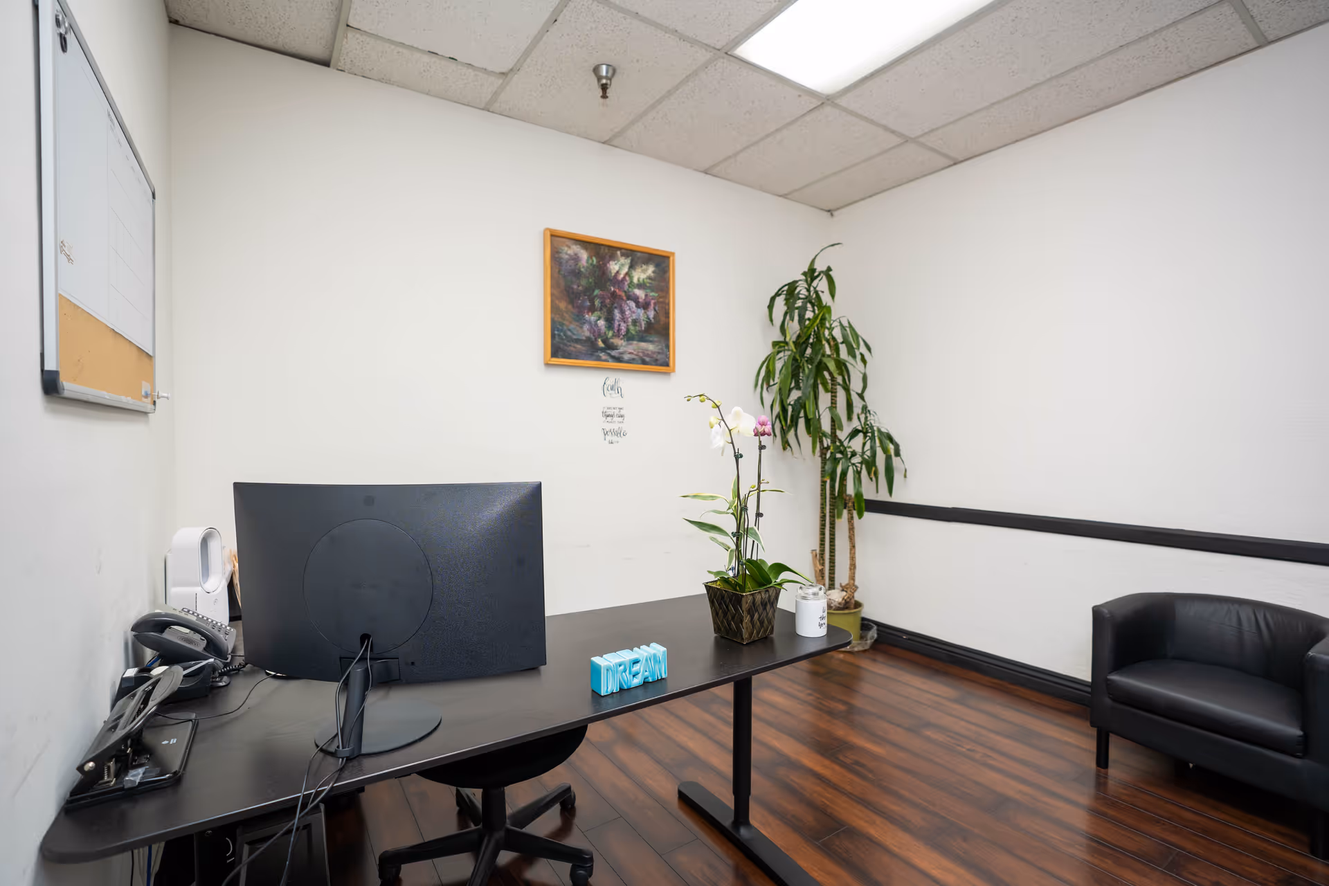 An office workspace with a computer, phone, plants, and a black sofa.