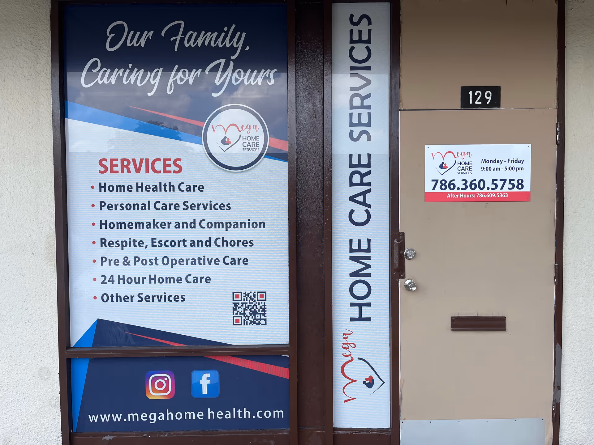 Exterior storefront for Mega Home Care Services displaying service offerings on a large signage board.