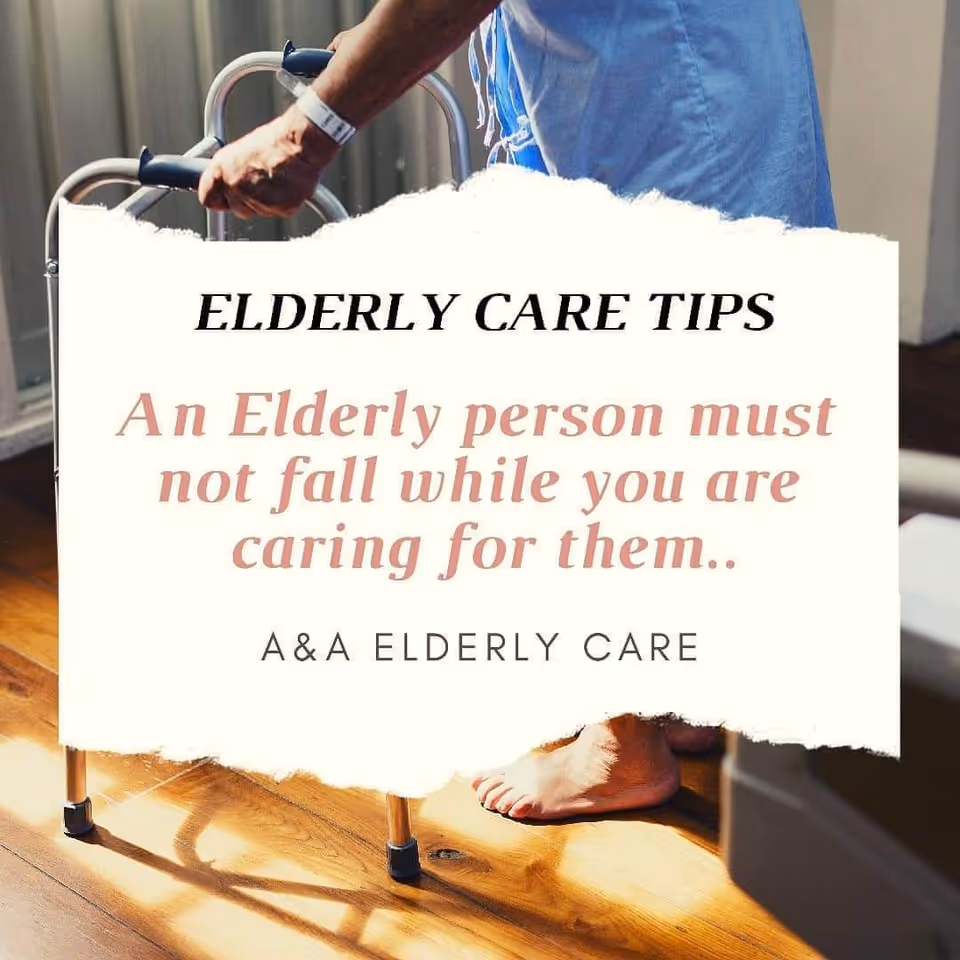 A caregiver guides a walker beside a sign about elderly care tips.