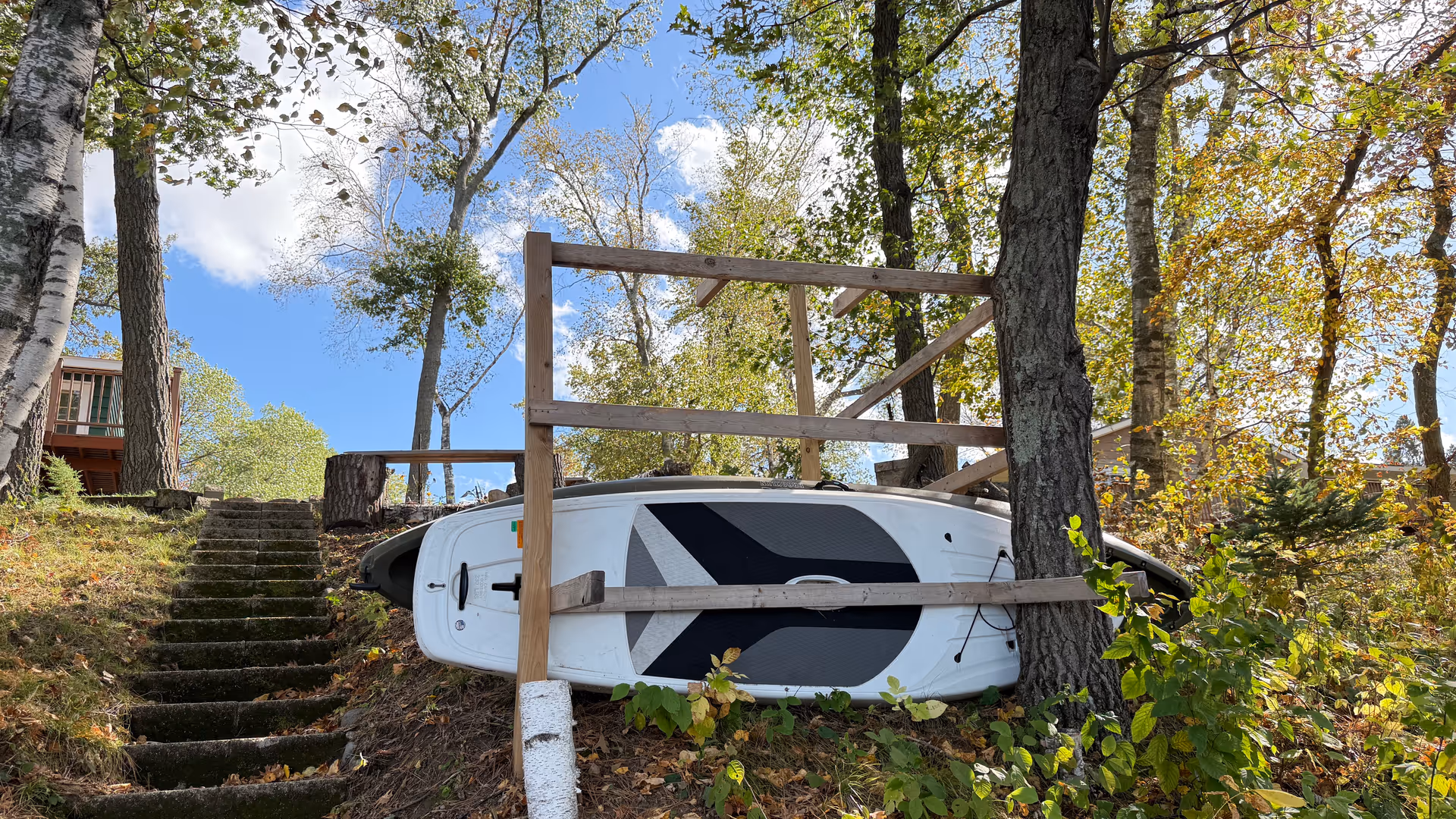 Outdoor hillside area with a paddleboard wedged between trees and a wooden railing.