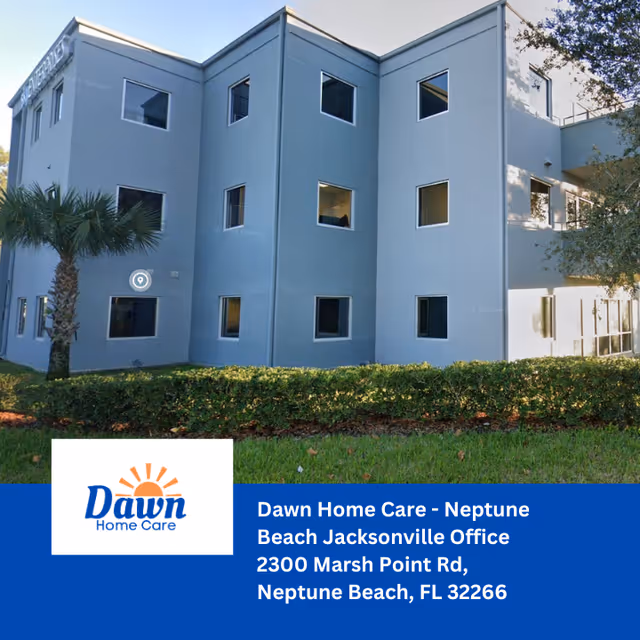 Blue three-story senior living building with lawn, palm tree, and bottom Dawn Home Care banner.
