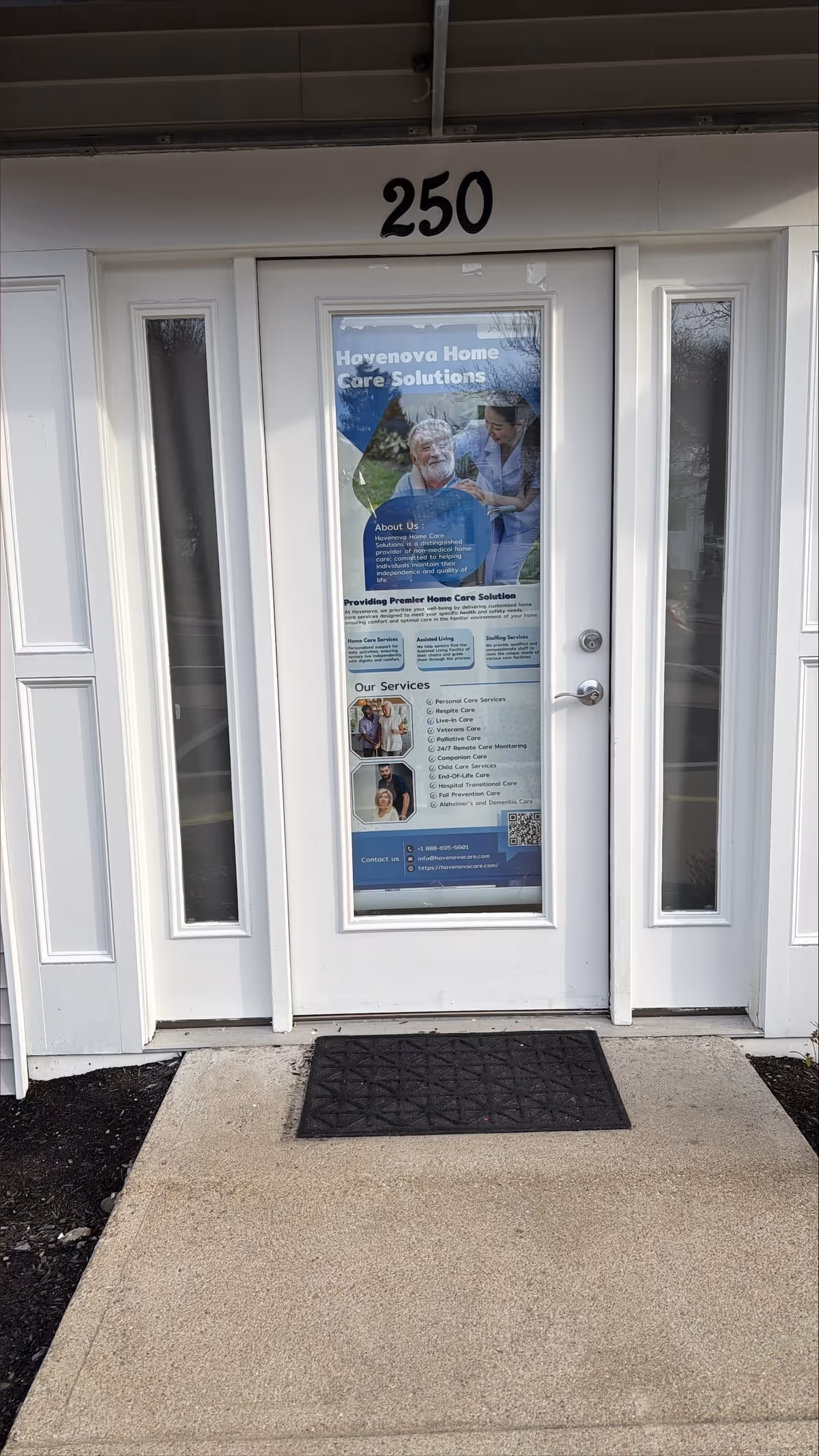 Entrance to Havenova Home Care Solutions with a poster on the door.