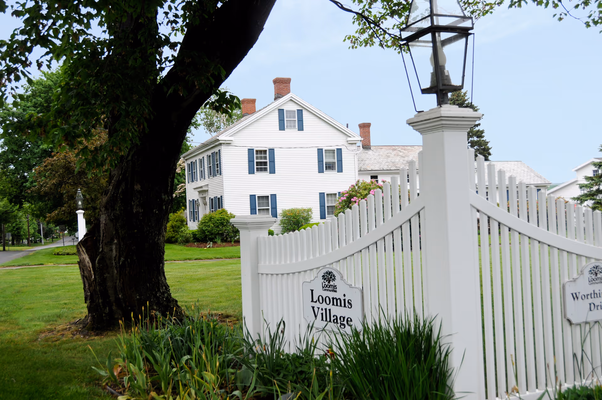 White colonial-style building seen behind a white picket fence and gate with a 'Loomis Village' sign and a large tree in the foreground.