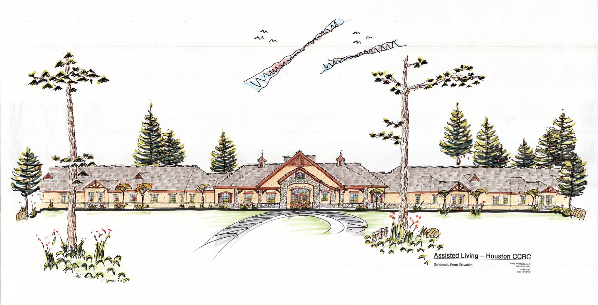 Architectural sketch of a single-story assisted living facility with a central entrance, surrounded by trees and landscaping, with a curved driveway leading to the front door.