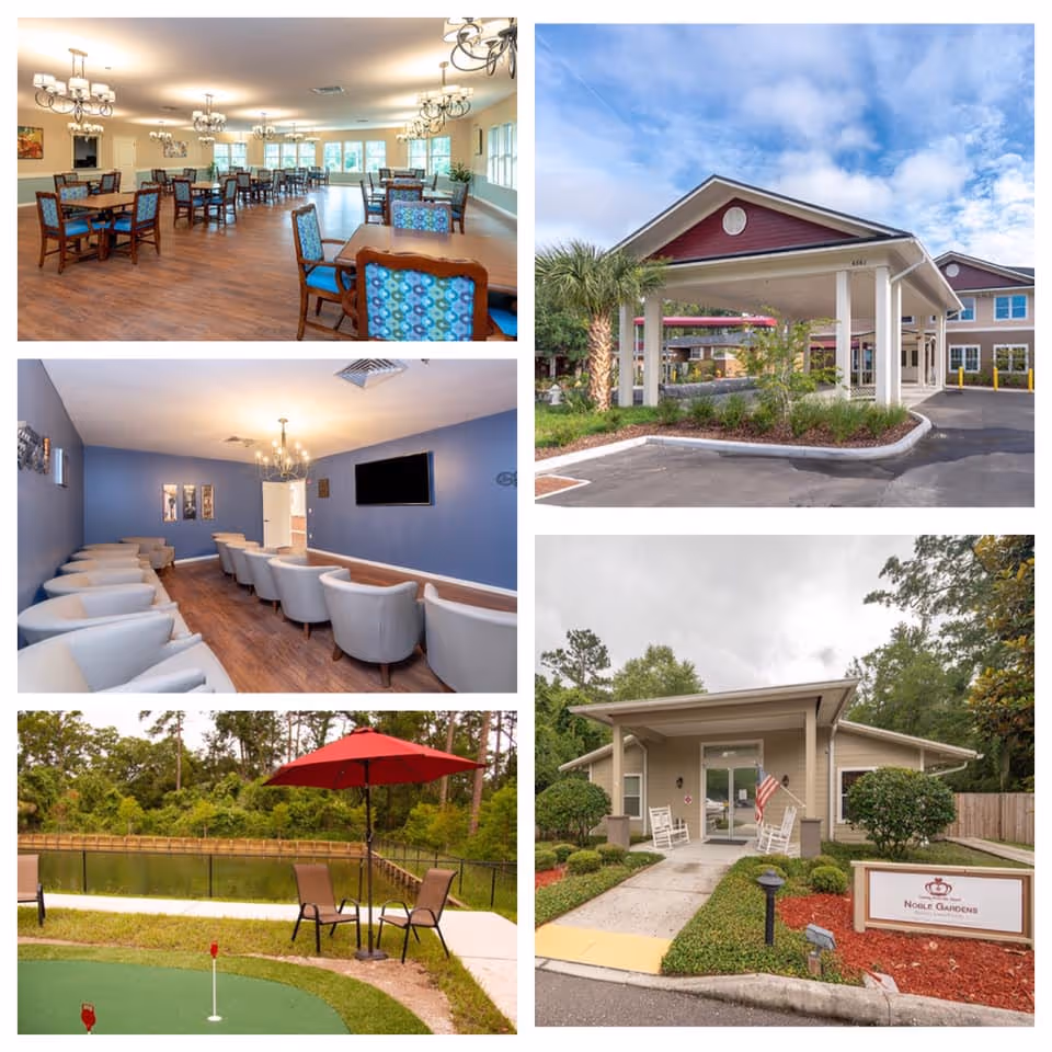 Collage of five images showing different areas of Noble Gardens of Jacksonville Assisted Living Facility. Top left: spacious dining room with wooden floors, multiple tables and chairs with blue patterned upholstery, and chandeliers. Middle left: cozy lounge area with white armchairs arranged in rows facing a wall-mounted TV, blue walls, and wooden flooring. Bottom left: outdoor putting green area with a red umbrella, chairs, and a pond surrounded by trees. Top right: front exterior view of the facility with a covered driveway, palm trees, and a partly cloudy sky. Bottom right: entrance to the facility with a small porch, rocking chairs, landscaping, and a sign that reads 'Noble Gardens'.
